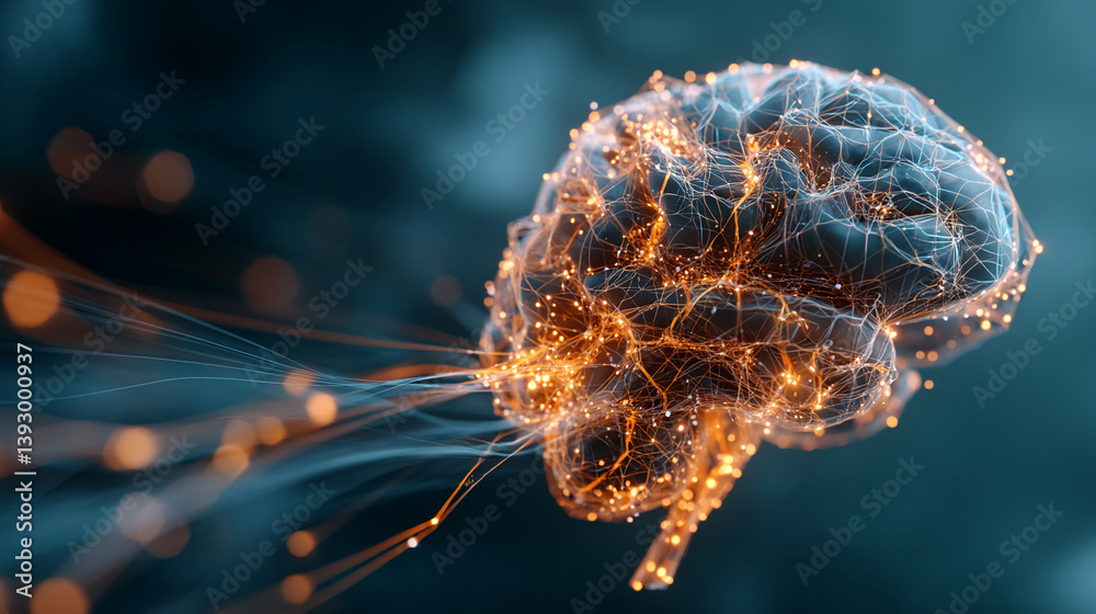 Aufkleber abstract image of illuminated brain network, glowing connections symbolizing intelligence, neural ac
