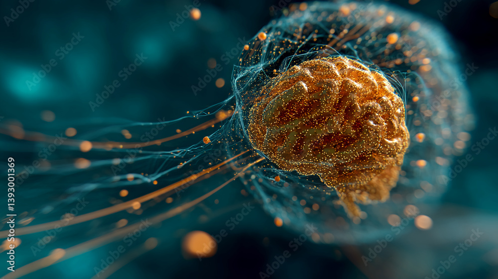 Poster Golden brain enclosed in a delicate, teal network, abstract digital art symbolizing neural connections, intelligence, and technological advancement