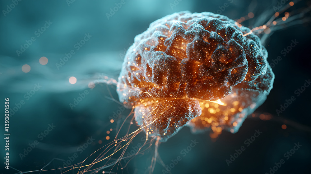 Poster Abstract image of glowing brain, particles and neural connections, suggesting intelligence, innovation, and neural network concept