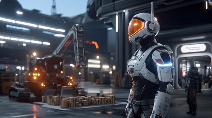 Fototapeta premium Futuristic astronaut in high-tech environment with robotic workers.