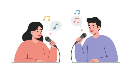Man and woman singing karaoke with music notes