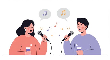 Happy couple singing karaoke together with microphones