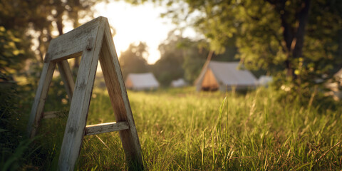 Whitewashed wooden easel in grassy field, blurred background shows tents at sunset, suggesting a peaceful camping scene or outdoor display mockup