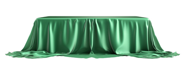 Green tablecloth draped over a dining table isolated on white and transparent background, cut out png