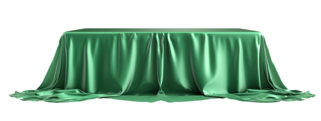 Green tablecloth draped over a dining table isolated on white and transparent background, cut out png