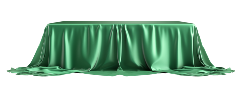 Green tablecloth draped over a dining table isolated on white and transparent background, cut out png