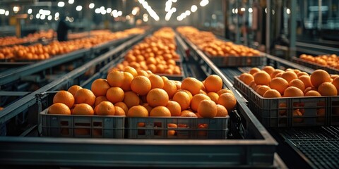 Fresh Oranges on Conveyor Belt