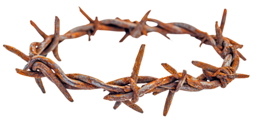 Wreath made of rusty barbed wire, symbolizing hardship, isolated on transparent cutout background
