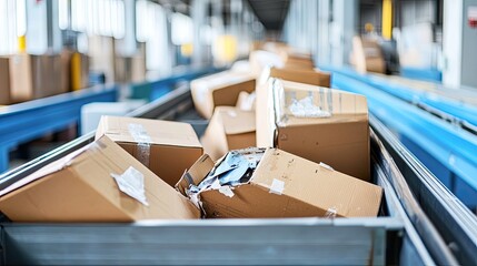 Multiple damaged parcels on sorting line, illustrating transit issues.