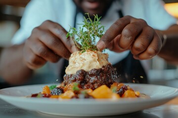 Close-up of chef's hands holding small plant on Bobotie dish. Concept of culinary art featuring Bobotie, South African meatloaf on elegant wooden table.