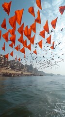 Orange flags and birds fly across a calm river and sky
