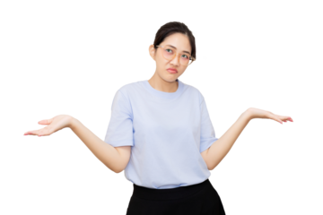 A young woman with glasses displaying a confused expression, with her arms raised in a shrugging gesture.