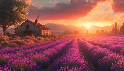 A scenic landscape depicting a beautiful house and lavender fields