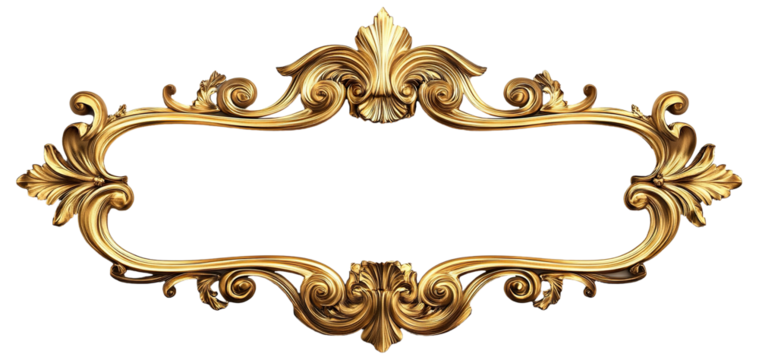 Ornate golden vintage frame with floral details, isolated on transparent cutout background