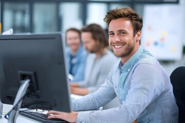a professional person is working in an office, smiling directly at the camera, computer user
