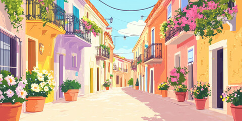 Fototapeta premium Charming Mediterranean street with blooming balconies and warm spring sun