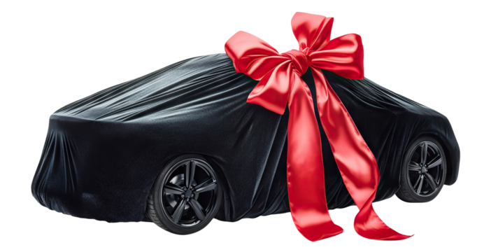 Gift-wrapped car with fabric cover and decorative bow, isolated on transparent cutout background