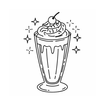 recommend clip art: Milkshake vector with whipped cream, cherry, and sparkles in fun black and white line art style
                    