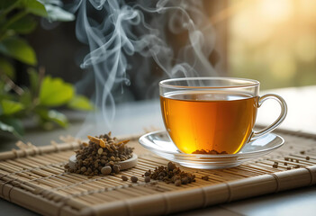 Steaming Fenugreek Tea: Clear Cup with Herbal Infusion and Seeds on a Bamboo Tray