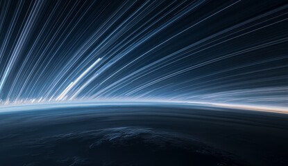 The night sky, including star trails, captured using long exposures, creates a stunning celestial display of moving stars.