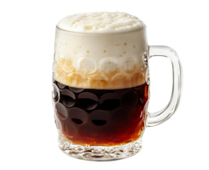Glass mug of layered dark beer with foam, isolated on transparent cutout background