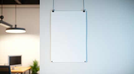 A blank white paper suspended on a light colored office wall