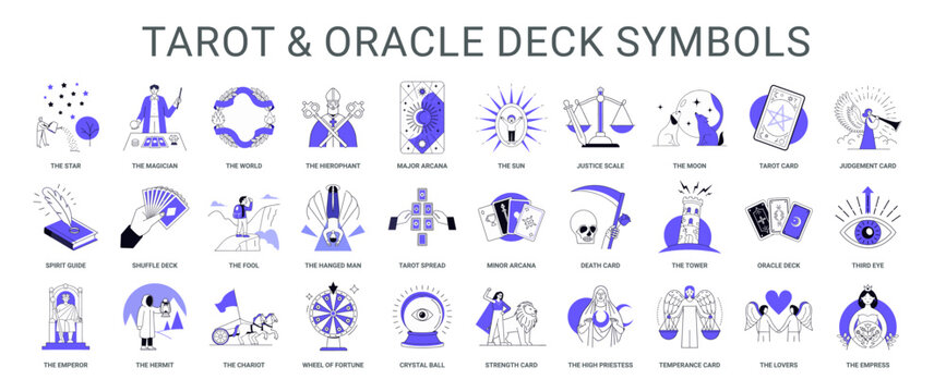 collection tarot oracle deck symbols featuring iconic cards concepts star magician world hierophant major arcana sun justice scale moon