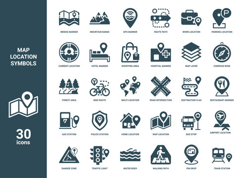 collection map location symbols landmarks services for navigation, route Forest intersection area location Road Bike Multi