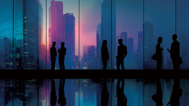 Silhouettes of businesspeople conversing against a vibrant cityscape backdrop at sunset, showcasing modern business and urban life, ideal for corporate presentations or website banners