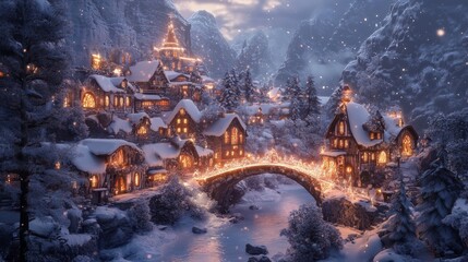Snowy mountain fantasy village with magical light bridges 