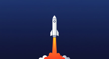 Stylized rocket launching with orange exhaust against deep blue background, clean design