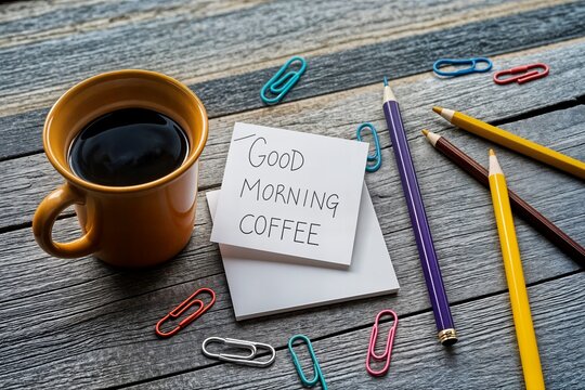 business still life with pen and coffee good morning coffee napkin with text on old wooden table servilleta de cafe de buenos dias con texto sobre vieja mesa de madera kahve fincan concept