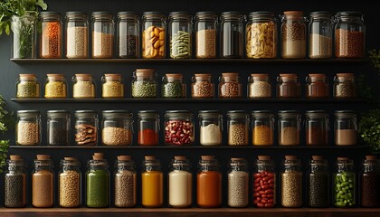 Jars of assorted spices neatly arranged on dark wooden shelves