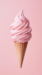 Perfectly swirled Italian soft serve ice cream in an elegant waffle cone, photographed against a solid, minimalist background pastel. 