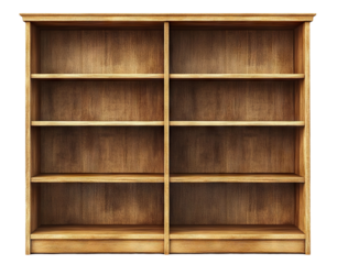 Empty wooden bookshelf, isolated on transparent cutout background