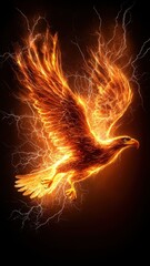 Majestic Firebird Soaring Through Electrifying Dark Background