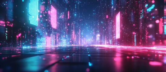 Fototapeta premium Neon city street, digital rain, futuristic background, tech concept