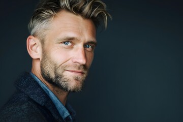 Obraz premium a handsome man with a charming smile poses for a portrait, with short, styled blonde hair, captivating blue eyes, and a well-groomed beard.