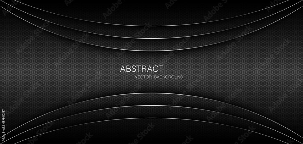 Poster Abstract black steel mesh background with silver glowing lines with free space for design. Modern technology innovation concept background. Perforated dark metal sheet for background image.	