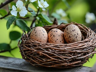 Tranquil Nest with Three Beautiful Speckled Eggs Surrounded by Blossoms