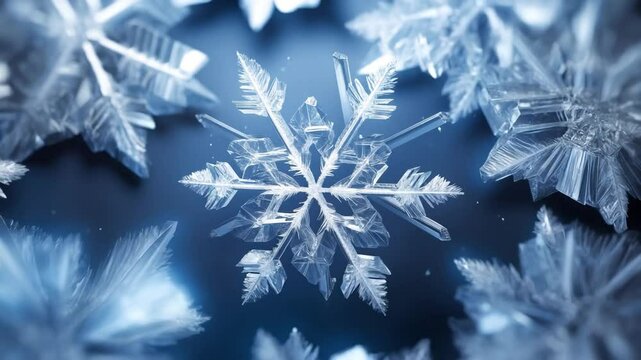 A detailed close-up of snowflakes or ice crystals, showcasing their complex geometric patterns and natural symmetry.