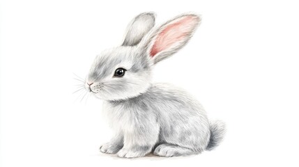 Obraz premium Adorable Gray Rabbit Sitting Quietly on a White Background