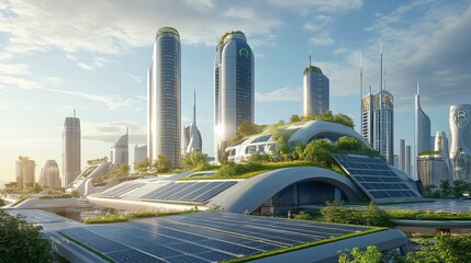 A futuristic skyscraper with solar panels and green rooftops, eco-friendly architecture 