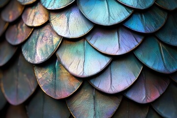 Obraz premium Vibrant Textured Scales with Iridescent Hues and Leaf Patterns