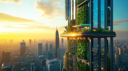 A futuristic skyscraper with solar panels and green rooftops, eco-friendly architecture 