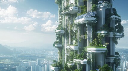 A futuristic skyscraper with solar panels and green rooftops, eco-friendly architecture 