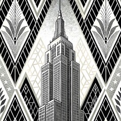 Art Deco Skyscraper Building Black White Geometric Design ink city urban retro style lines tower    