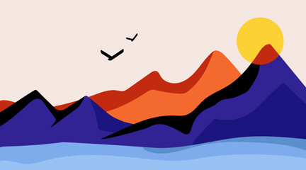 Abstract Mountain Landscape with Sunset and Birds.Abstract landscape illustration with layered colorful mountains, sun, birds, and blue water in minimalist flat design.Vector design