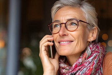 a mature woman with short, gray hair wearing glasses is talking on her phone while looking up with a smile. She has a patterned scarf around her neck and a slight smile