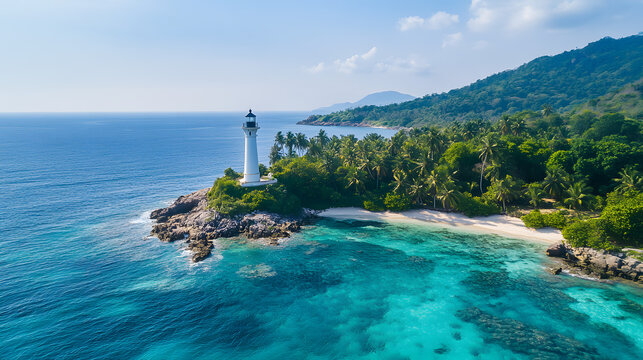 Tropical island paradise with a white lighthouse standing tall on a rocky promontory, overlooking pristine turquoise waters and a lush palm-fringed coastline. A serene escape.